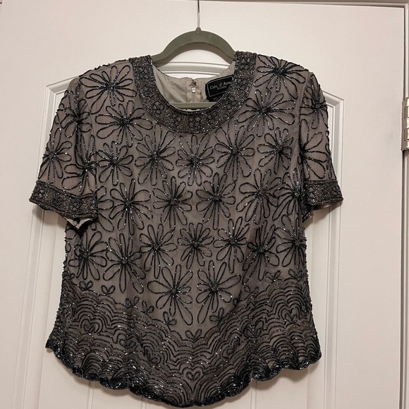 Cote d’Azur Tops - Cote d’Azur Grey Floral Beaded Blouse